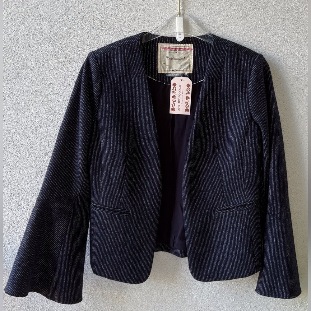 Cartonnier Navy Pinstripe Open Front Blazer with Bell Sleeves